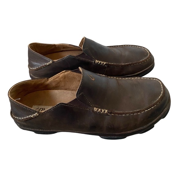 Olukai Moloa Slip On Shoes Men 10 EU 43 Brown Leather Loafer  Fold Down Heel - Picture 2 of 13